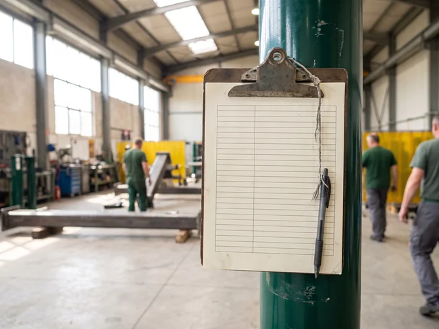 QC clipboard with a blank inspection sheet clipped to a powder-coated steel post