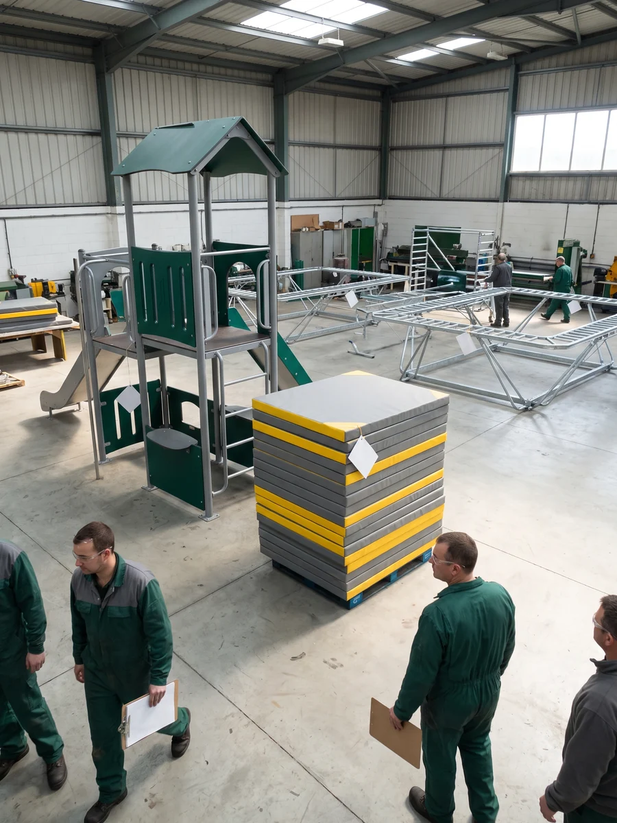 Outdoor play structure, soft play parts and trampoline frames staged together for one project in the factory