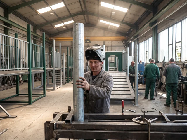 Welder joining a steel play structure post in the steel fabrication workshop