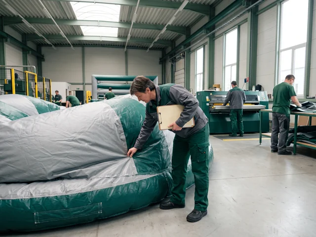 Auditor inspecting an inflatable at a partner factory