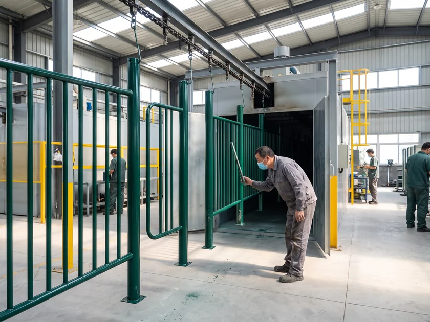 Steel parts hanging on the powder coating line before the curing oven