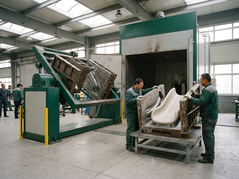 Rotomolding machine with steel molds in the rotomolding workshop