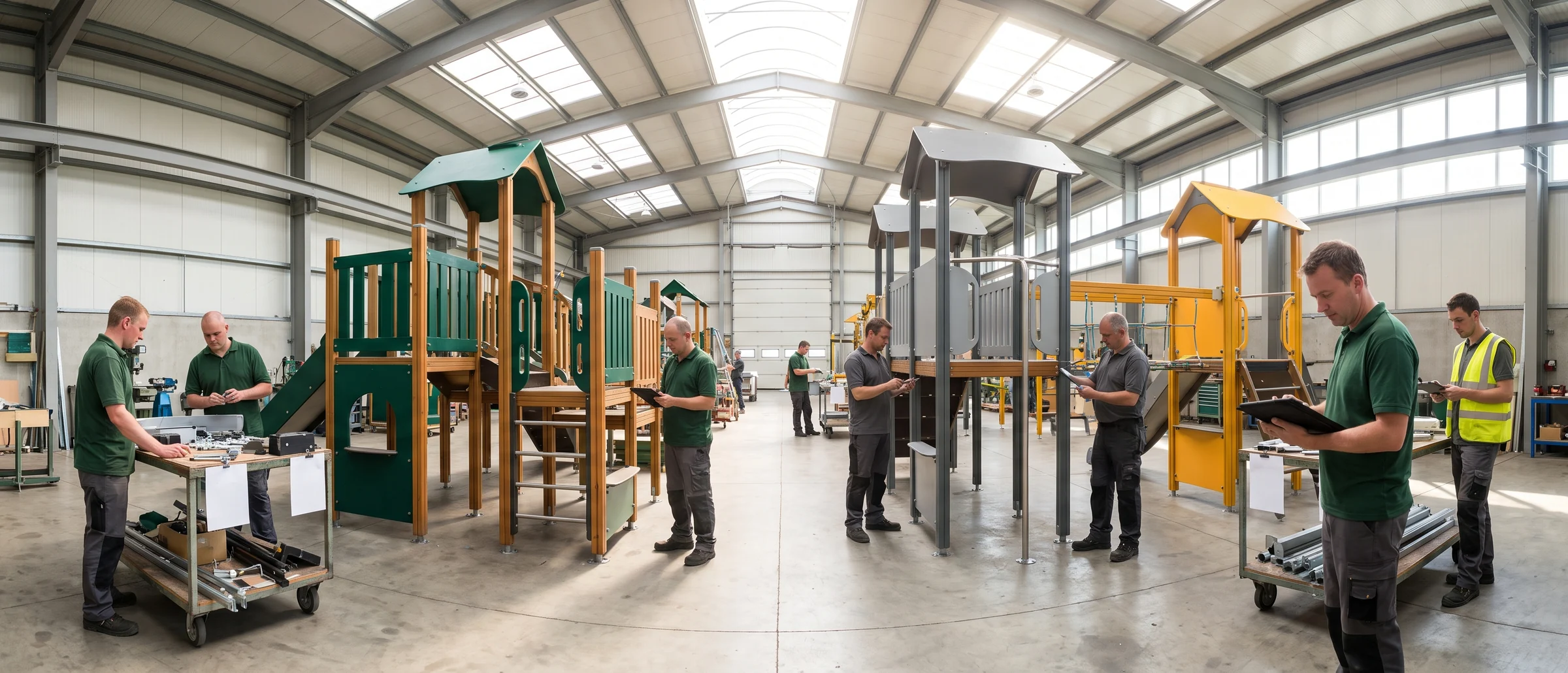 The pre-assembly yard: outdoor play structures standing assembled under skylights while QC staff check connections with tablets