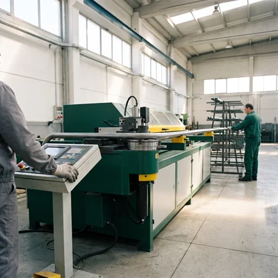 CNC pipe bender forming a curved rail