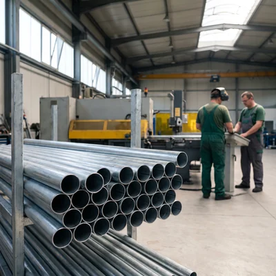 Freshly cut steel tube ends on the CNC cutting line