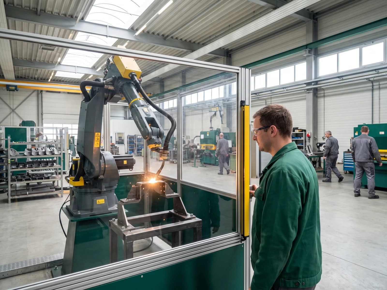 Robotic welding cell welding a repeat joint on a playground deck bracket