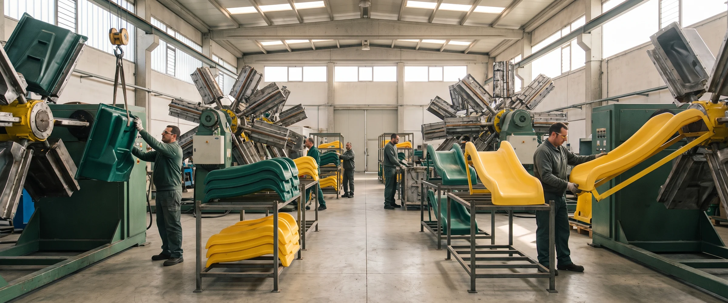 Rotomolding workshop with steel molds and finished slides in several colors