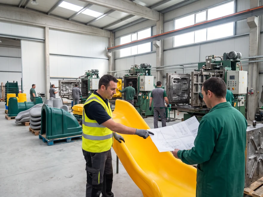 Buyer and QC inspector checking a slide against a printed drawing during a factory visit