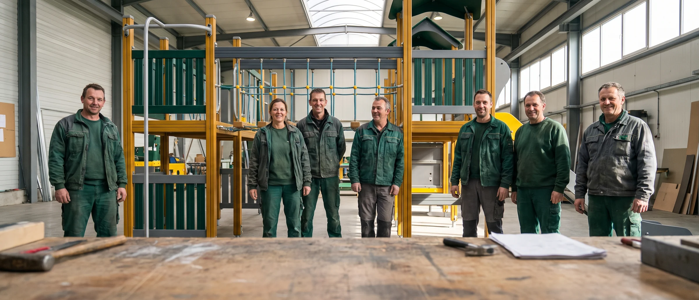 Department leads standing in front of a pre-assembled play structure in the factory
