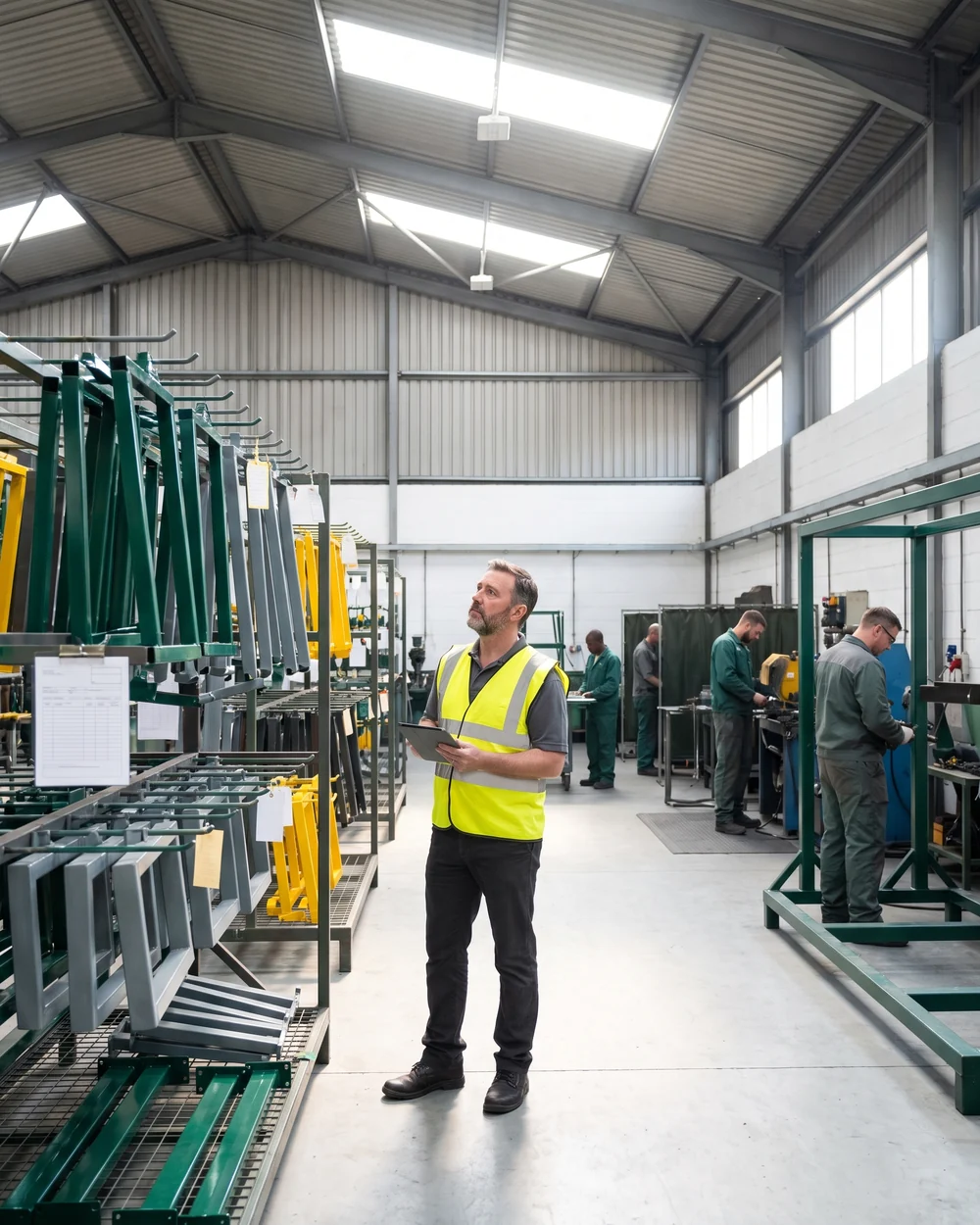 A project manager in a hi-vis vest checking coated steel posts in the workshop