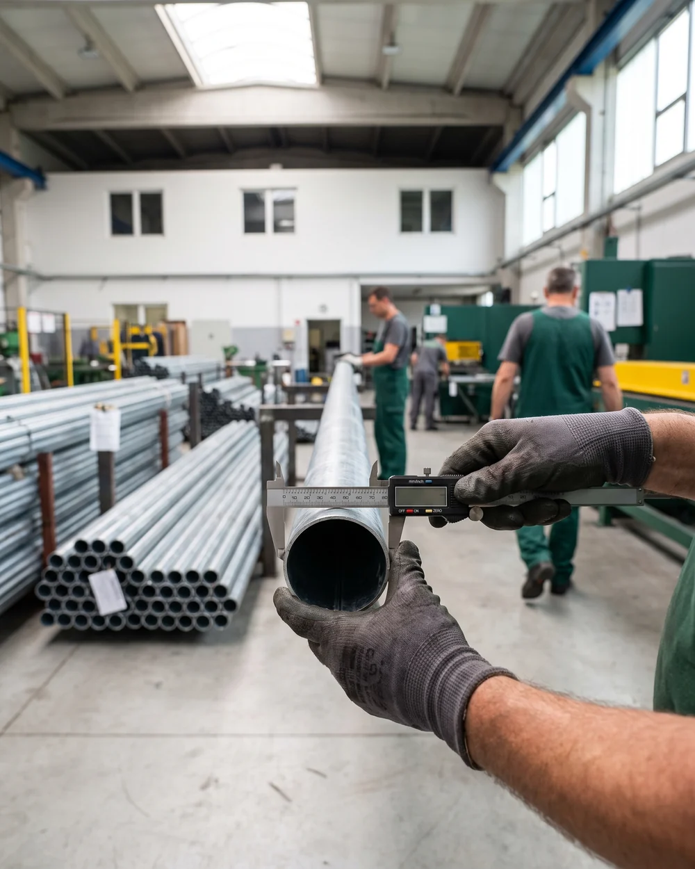 QC inspector measuring the wall of a steel tube with a caliper at receiving