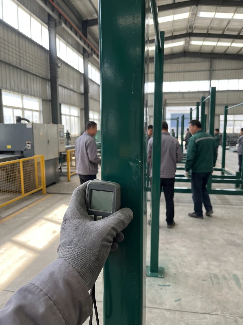 Coating thickness gauge on a powder-coated steel post
