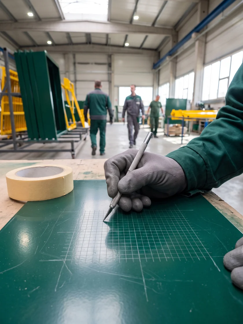 Cross-hatch adhesion test grid cut into a powder-coated sample