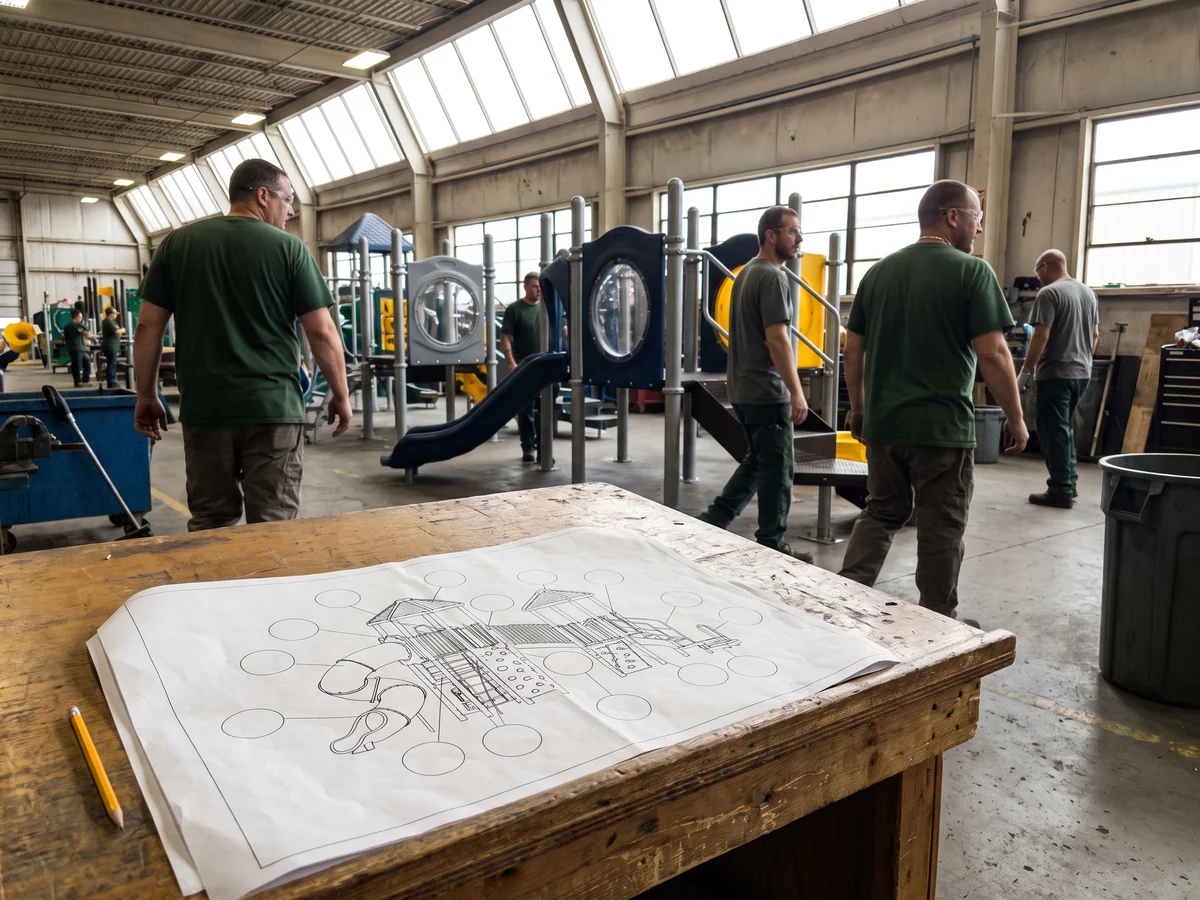 Installation drawing of a play structure with part callouts