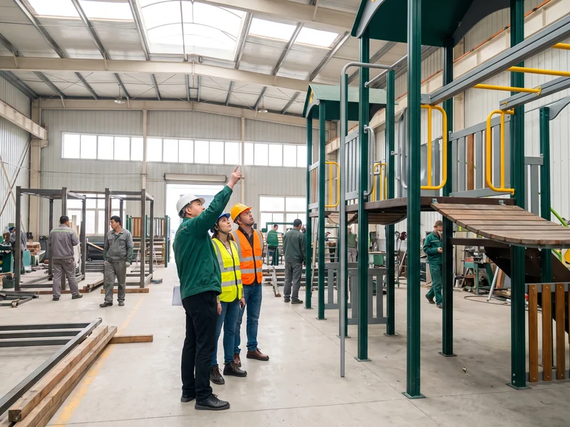 Visitors looking at an outdoor structure standing in the pre-assembly yard