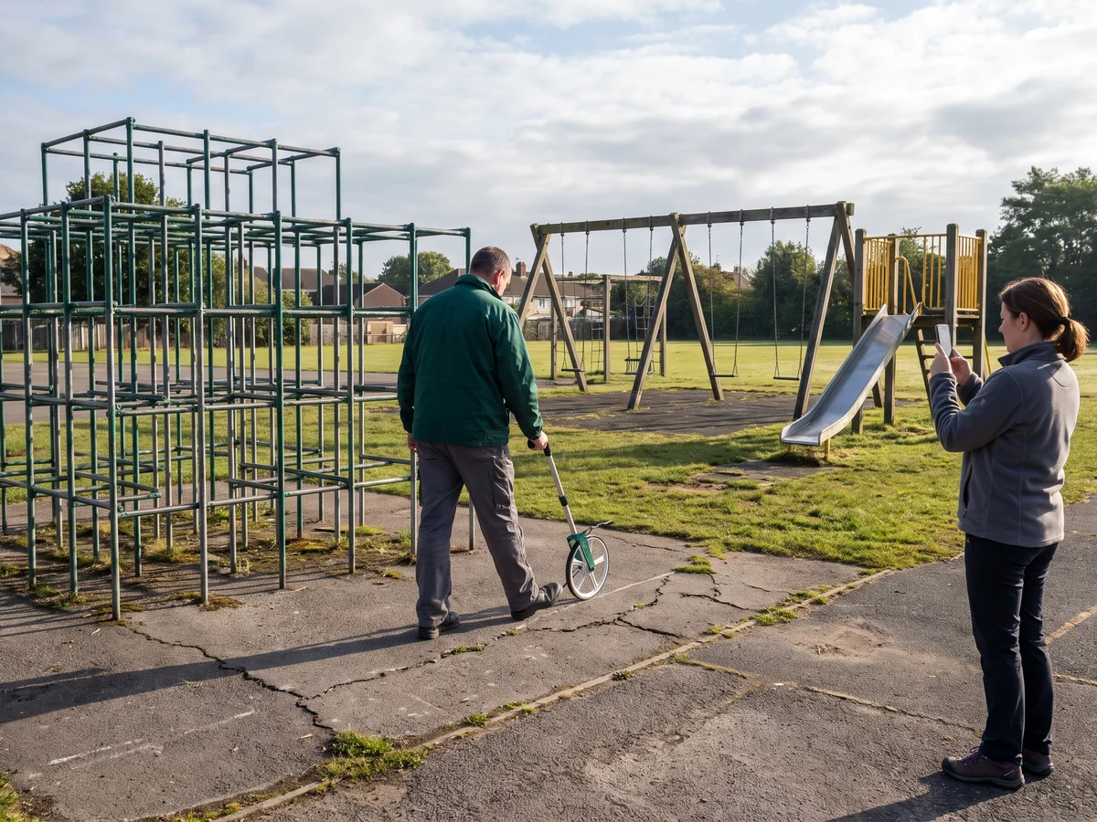 Facility manager measuring a school playground site with a tape measure beside the old play equipment