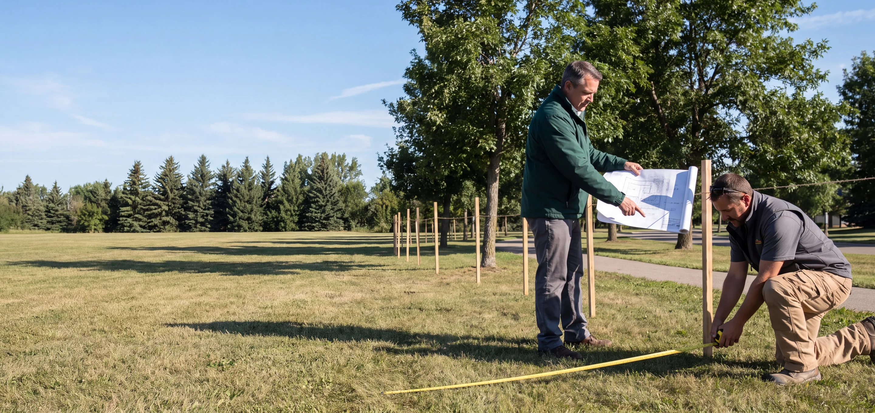 Commercial playground site being measured for a layout, with the play structure outline staked on grass