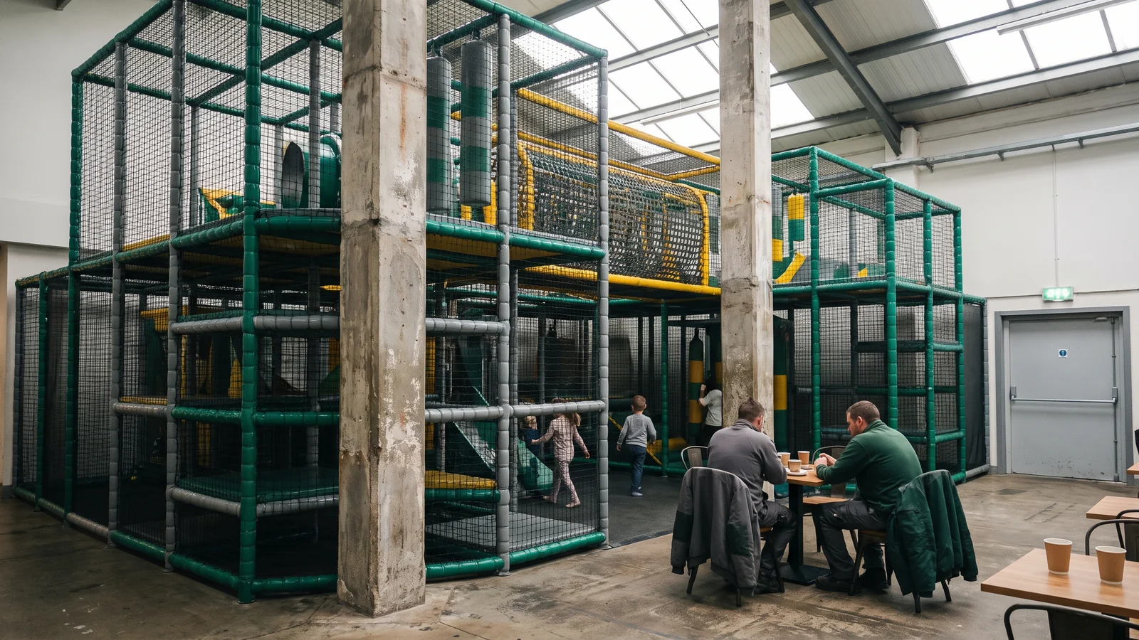 Multi-level indoor soft play frame built around building columns in a bright venue with skylights