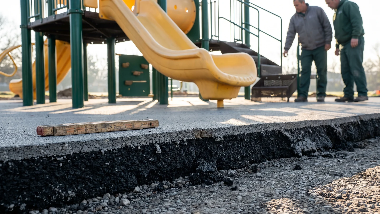 Poured-in-place EPDM surfacing in front of the exit of a slide on a commercial play structure