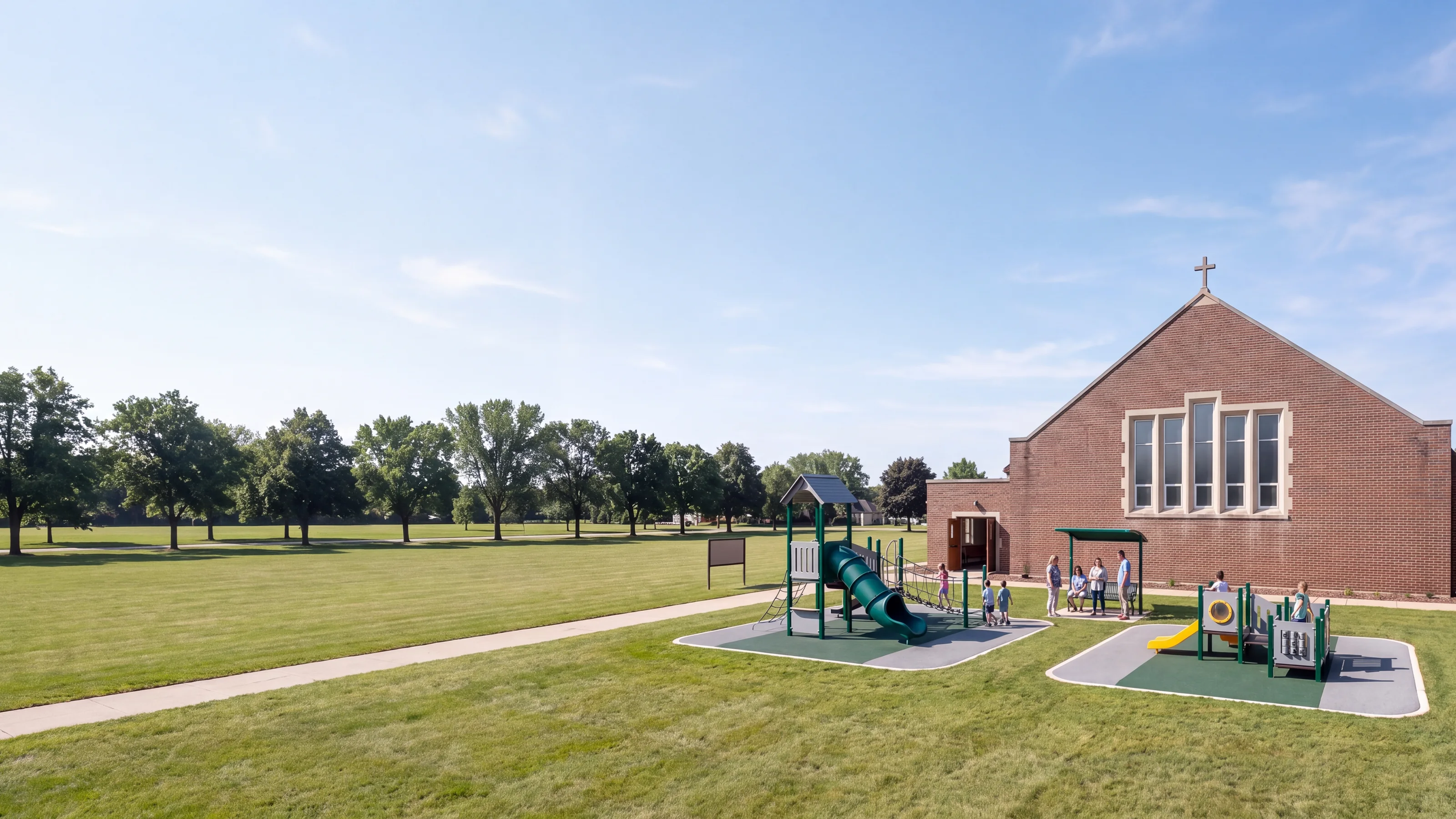 A compact playground on the lawn beside a brick church, a 5–12 structure and a low 2–5 structure side by side with a shaded bench for parents between them