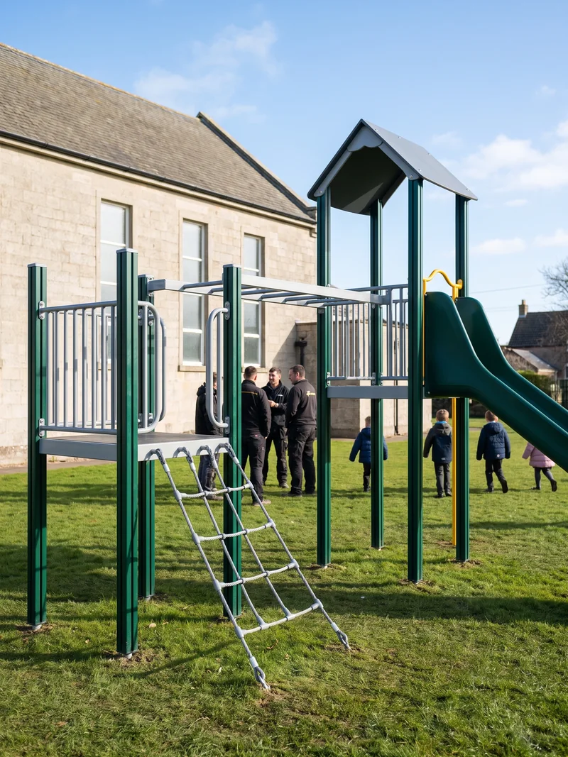 Compact 5–12 play structure with a rope net, climbers and a taller slide on a church lawn