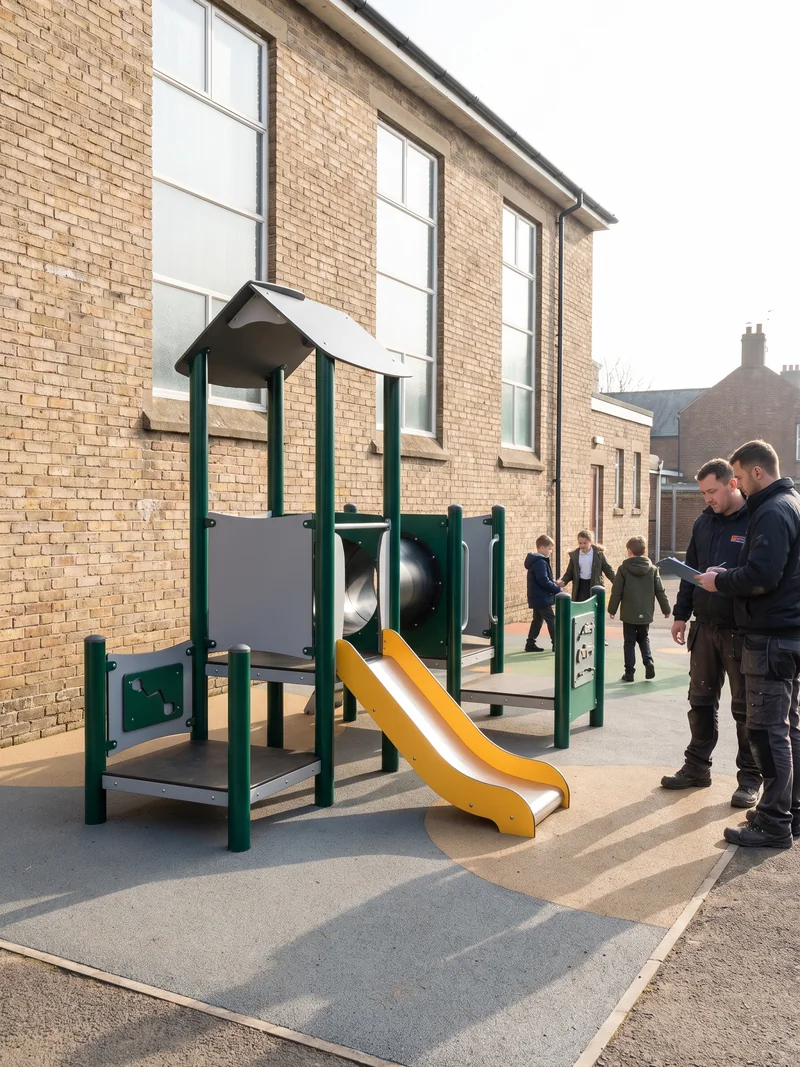 Compact 2–5 play structure with low decks and a short slide beside a brick church wall
