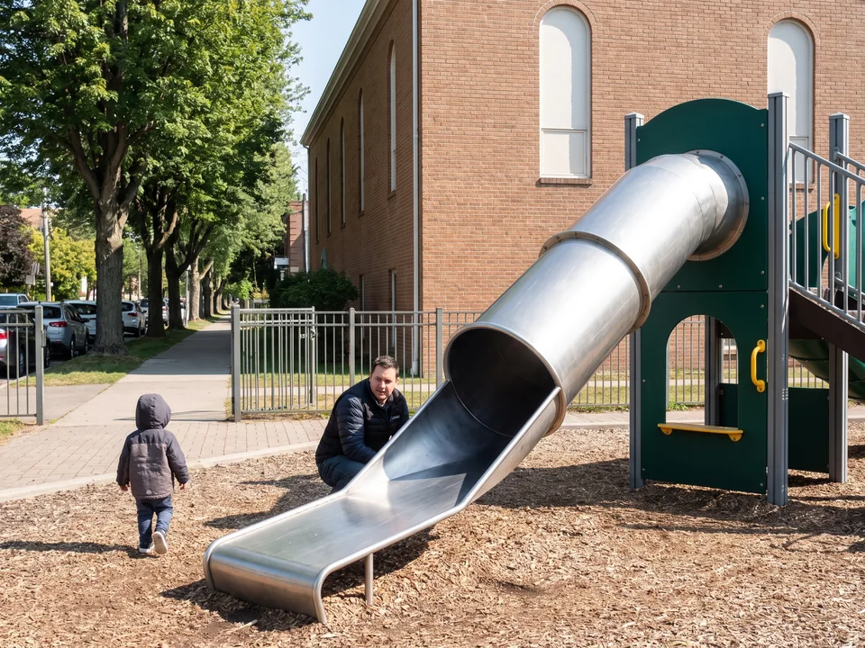 A neighborhood family by a stainless steel slide on a church playground