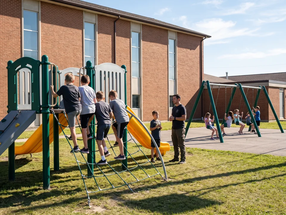 Older children climbing a rope net while others use the swings, a leader watching