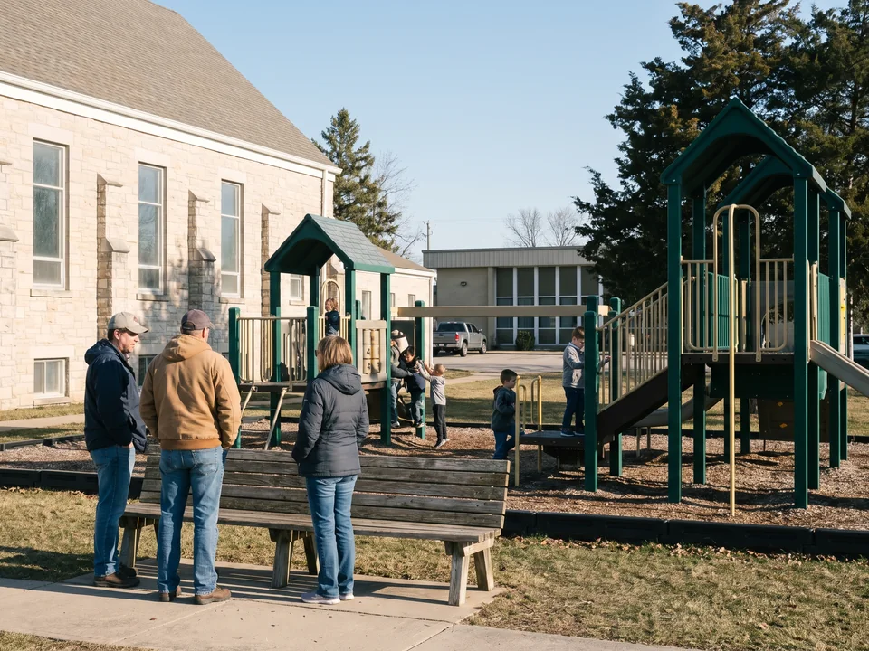 Parents standing by a bench between two play zones on a Sunday morning