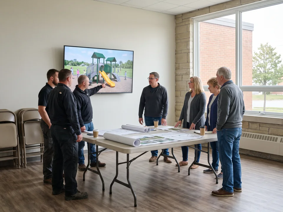 Church committee members at a table with a playground render on the wall screen