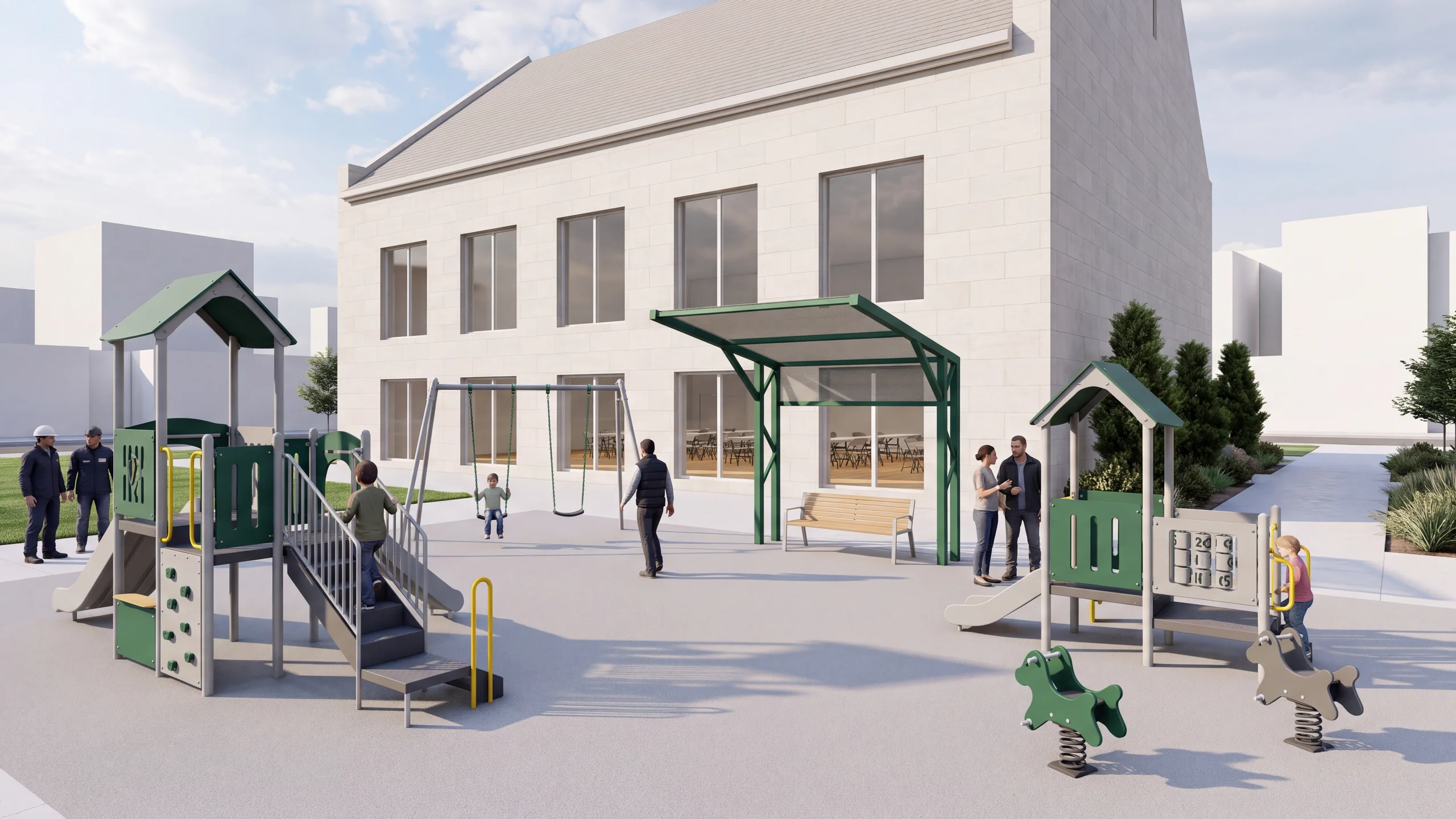 Render of Option A from the parent position: both zones, swings, spring riders and a shade frame