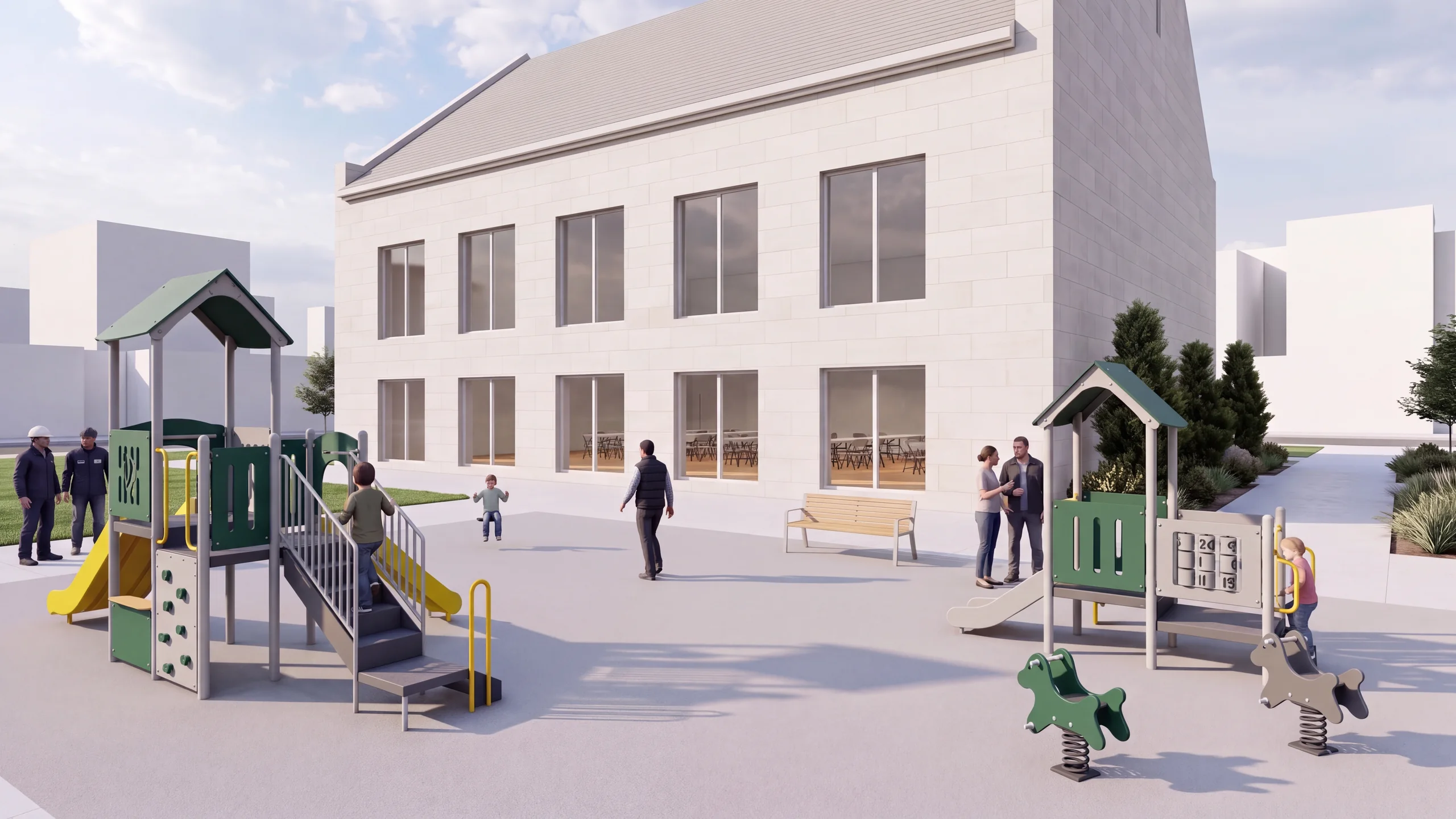 Render of Option B from the same position: a smaller 5–12 structure, no swings, standard colors