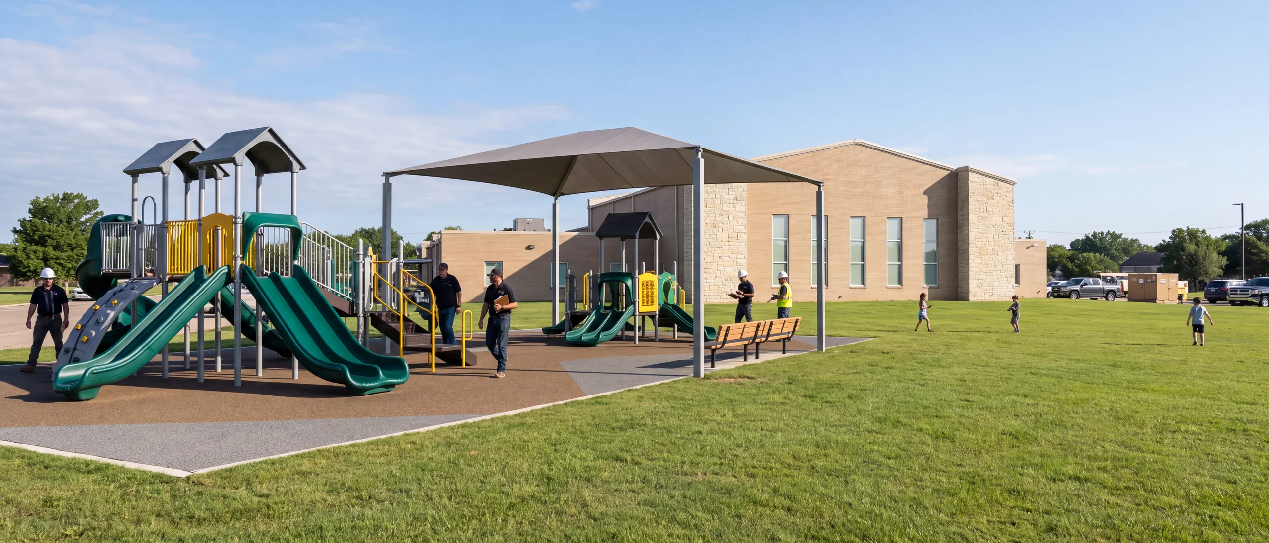 Two play structures and a shade frame standing on its own posts beside them
