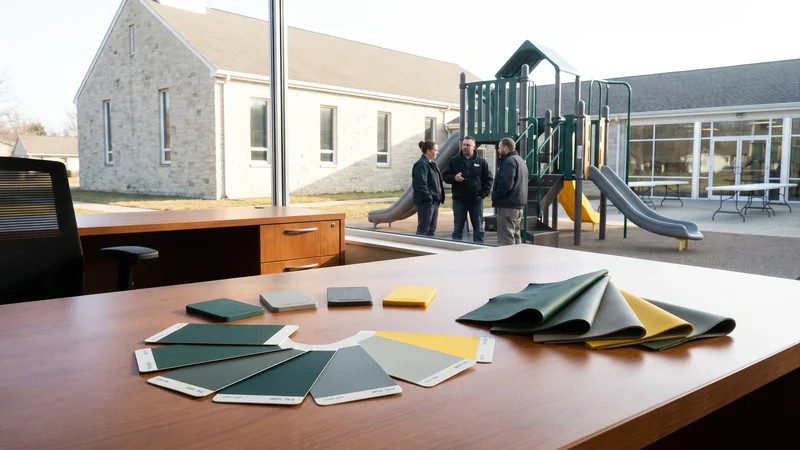 RAL color chips, rotomold samples and PVC leather swatches on a desk