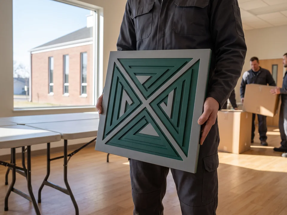 Two-color HDPE panel with an inlaid abstract emblem
