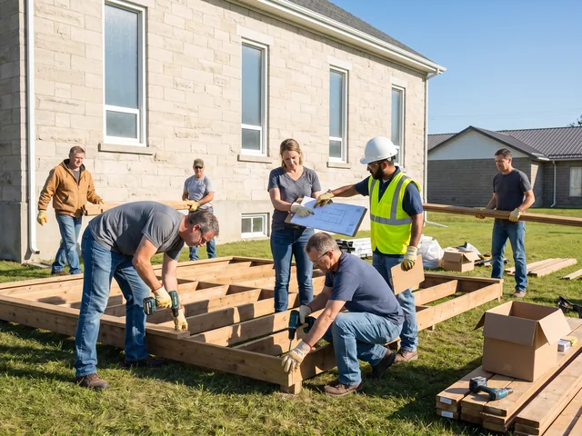 Volunteers assembling a deck while an installer points at the drawing