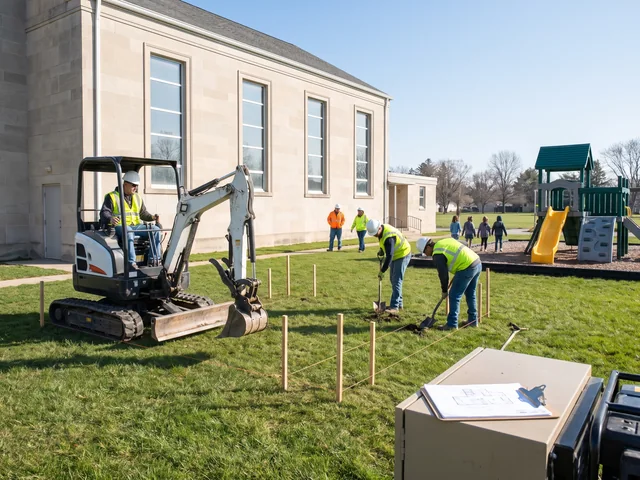 Contractor digging footing holes on a church lawn with marker stakes