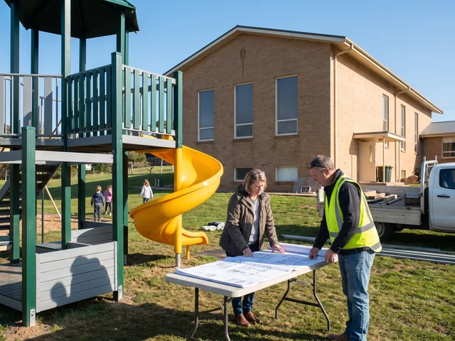 Committee member and a local inspector reviewing printed drawings beside a new play structure