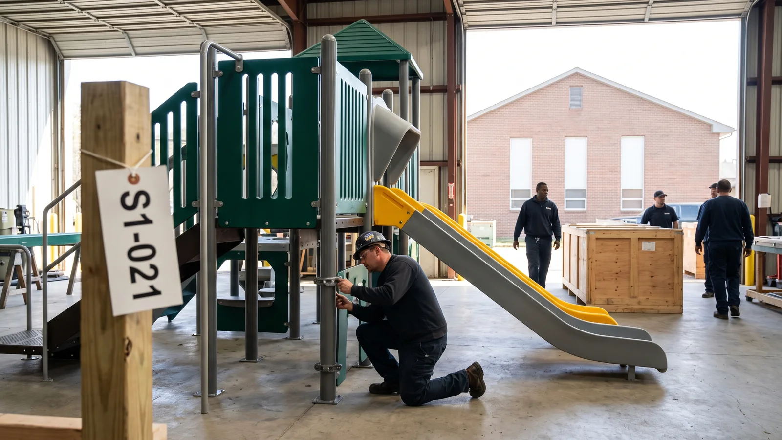 A play structure assembled in the pre-assembly yard before packing, a part number tag in frame