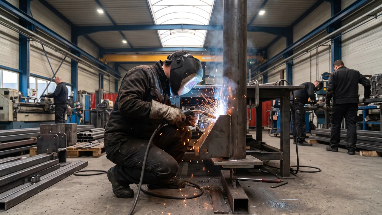 Welder joining an evergreen post in the steel fabrication workshop