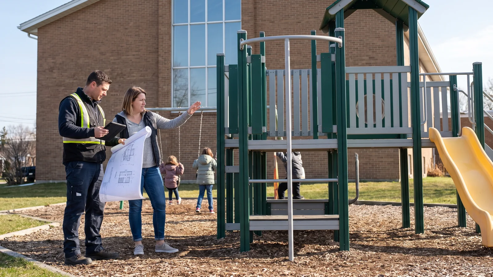 A playground inspector checking a structure against printed drawings