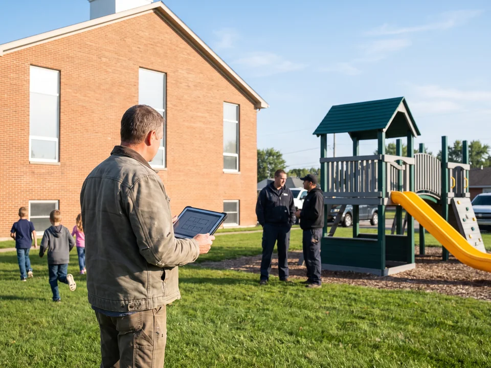 Church facility manager holding a tablet on the lawn beside the building