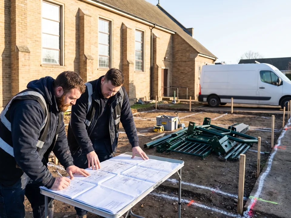 Installation crew reading drawings on a church site
