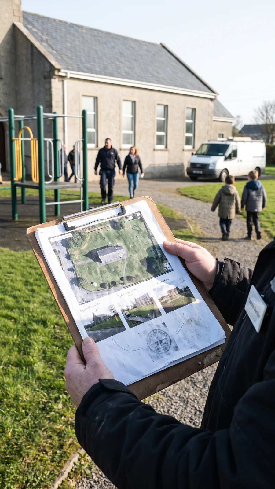 Clipboard with a satellite screenshot of a church lawn, site photos and an emblem printout