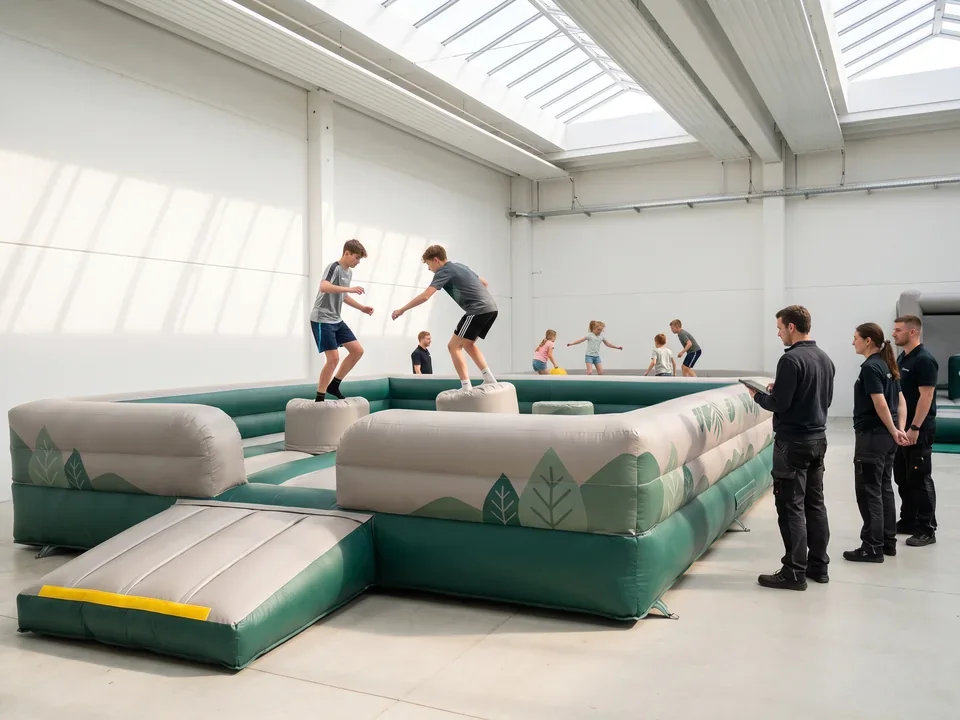 Two teenagers competing on an interactive inflatable game at an event