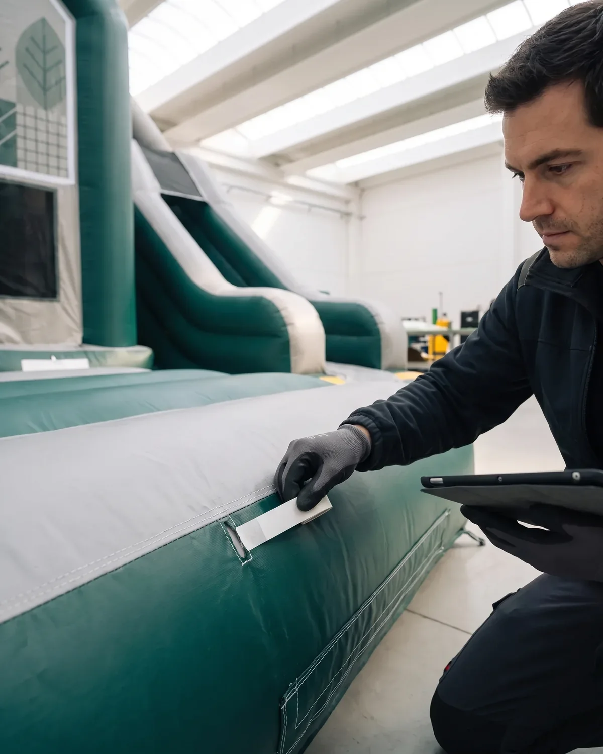 Our QC inspector marking an open stitch on a seam of the inflated unit with white tape, the unit put on QC hold
