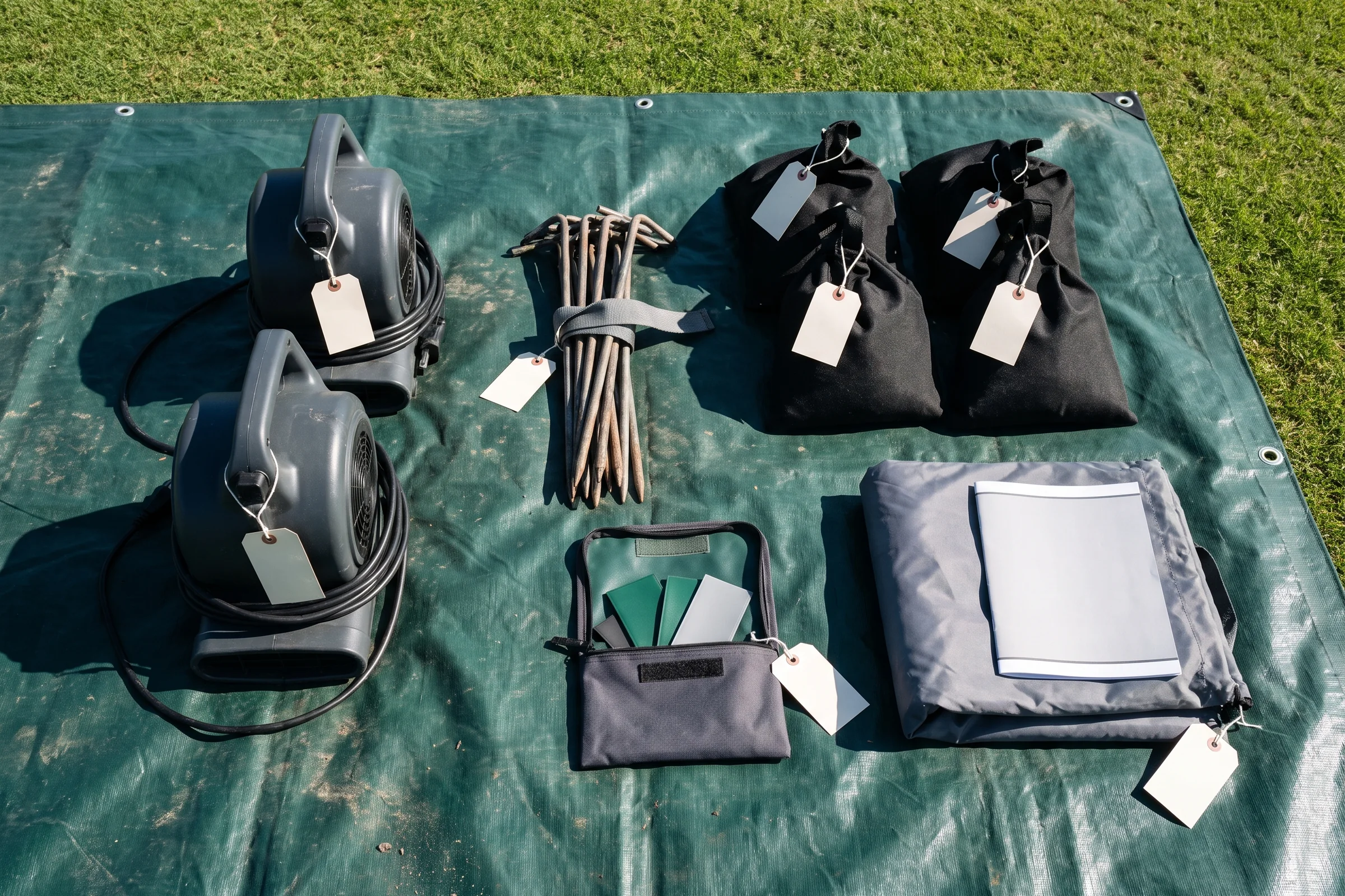 Top-down flat-lay of one unit's kit on a ground tarp: two blowers, ground stakes, four ballast bags, a repair kit, a folded storage bag and a care guide, each with the same tag