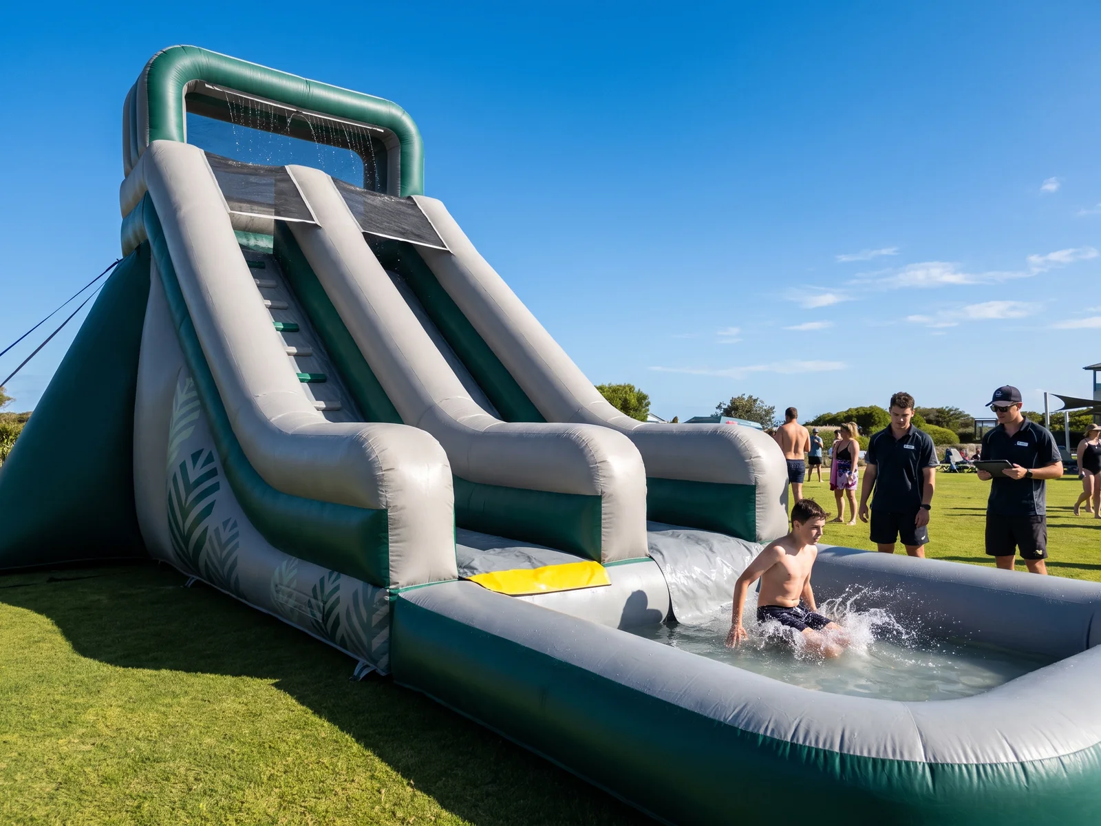 Commercial inflatable water slide in green and grey on a resort lawn, water spraying down the lanes into the landing pool
