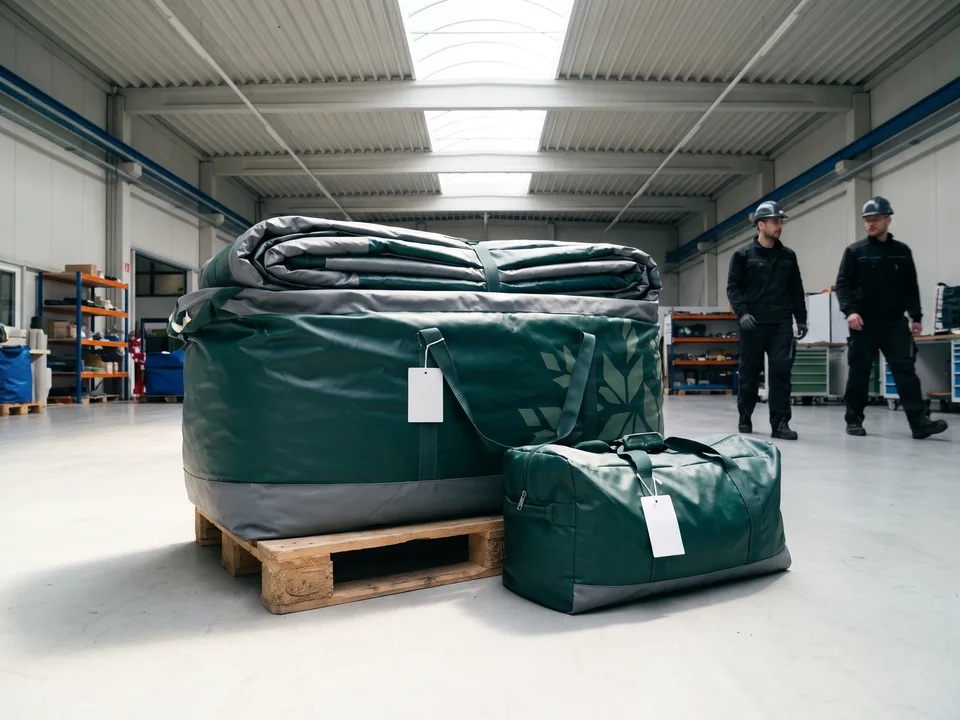 A folded unit in its storage bag beside its kit bag, both tagged with the same B number