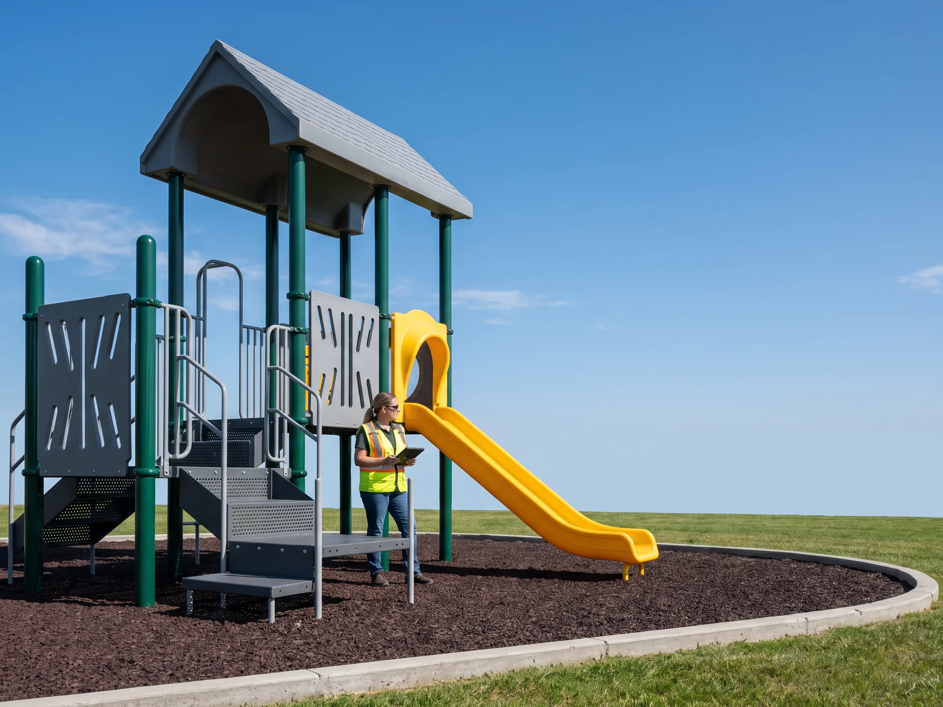 Two-platform commercial play structure with evergreen posts, grey panels and a yellow slide in a public park